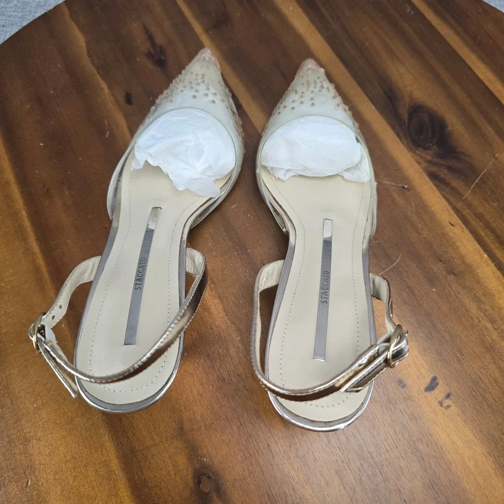 Staccato Gold Metallic Rhinestone Clear PVC Slingback Kitten Heels Size 37